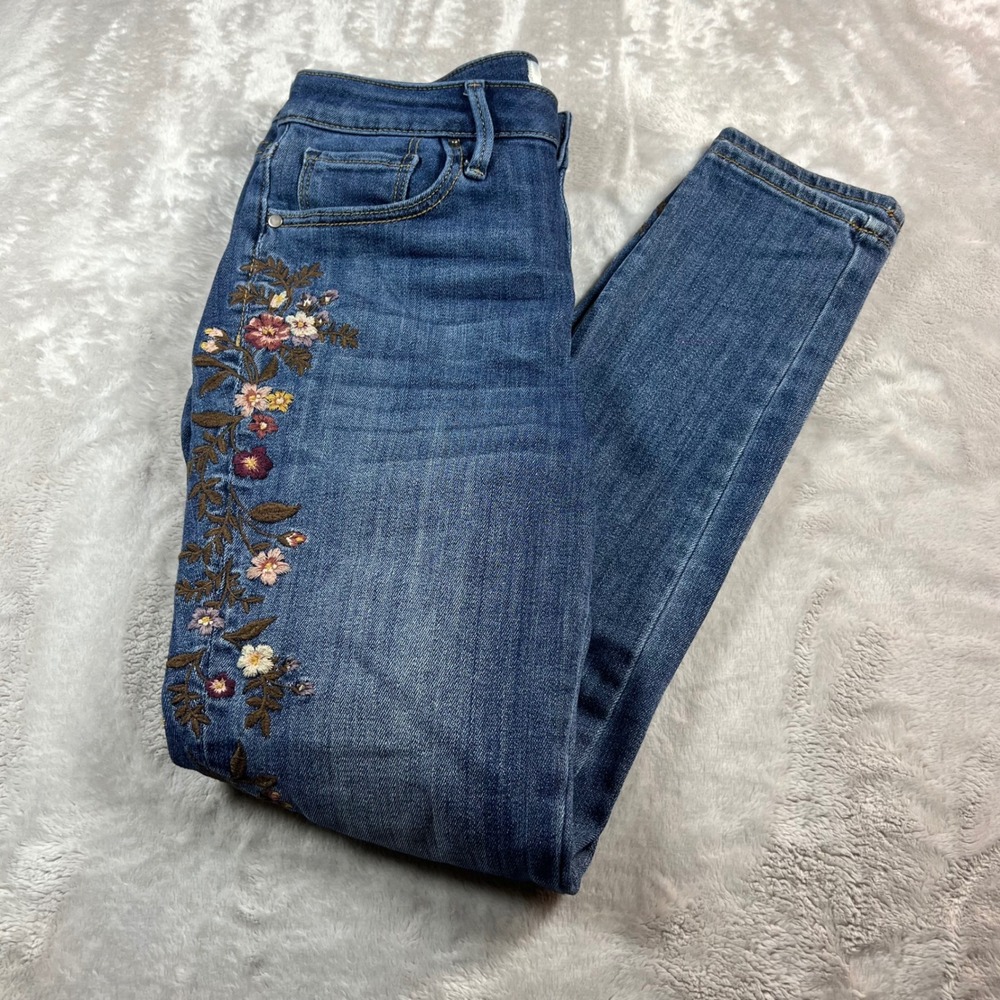 Driftwood Women's 25 Jackie High Rise‎ Skinny Jeans Blue Floral Embroidered
